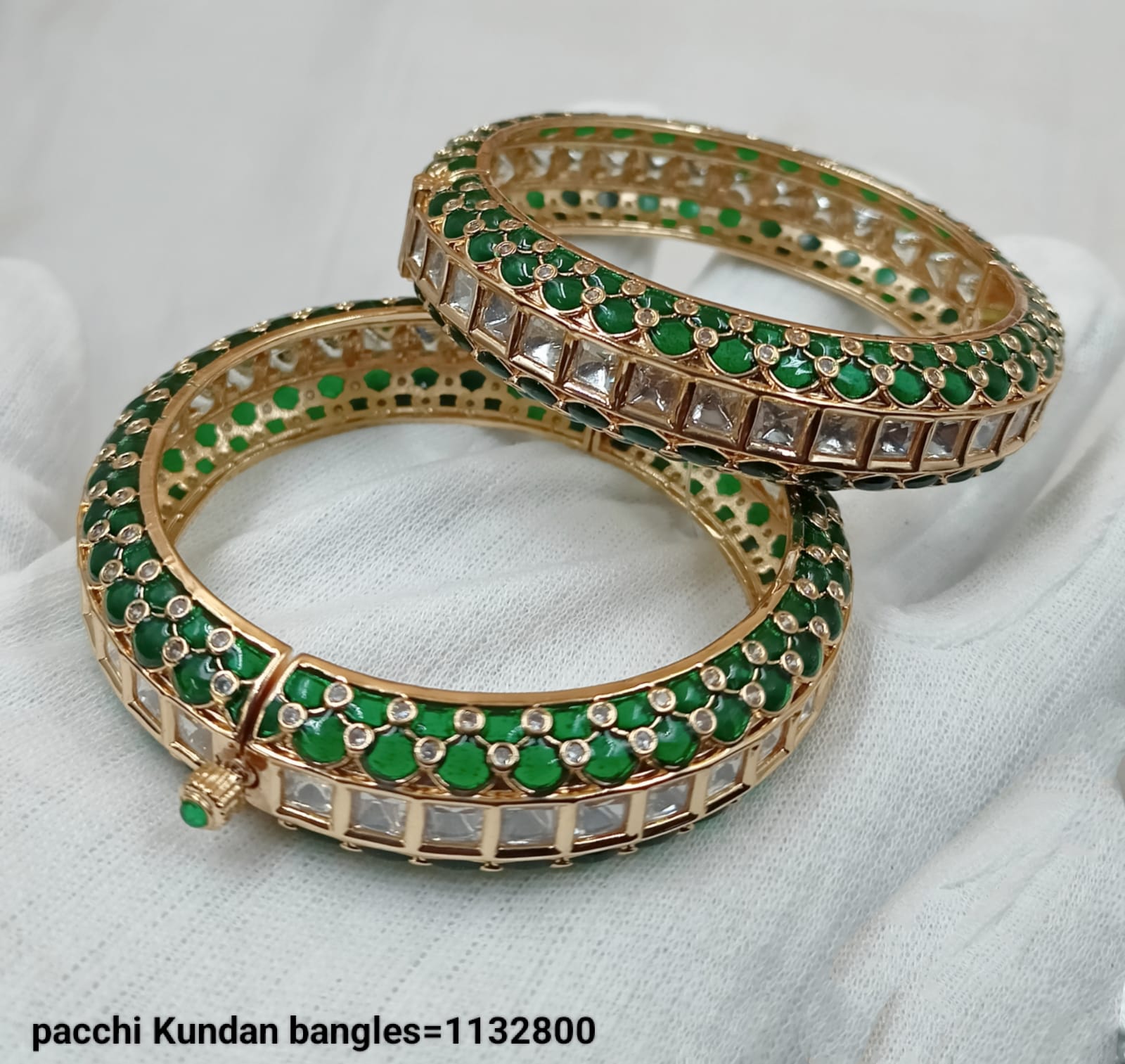 Emerald Green Pachi Kundan Bangles with Mirror Polki Detailing – Bridal Jewelry